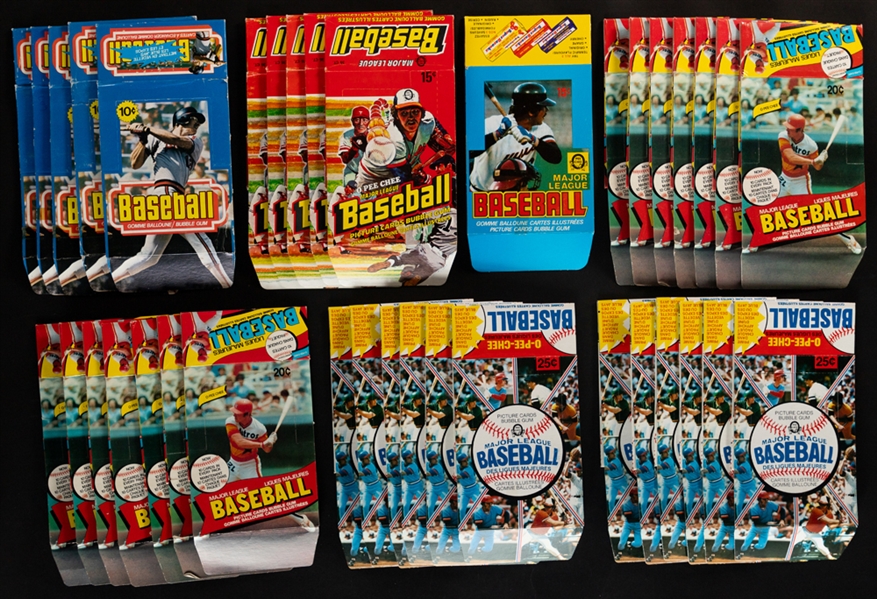 1977 to 1989 Mostly O-Pee-Chee Baseball Empty Wax Boxes (90+), 1977 to 1987 OPC Wrappers (2800+), 1980s/1990s Other Brands Wrappers (800+) and Mostly 1980s Wax Packs (325+)