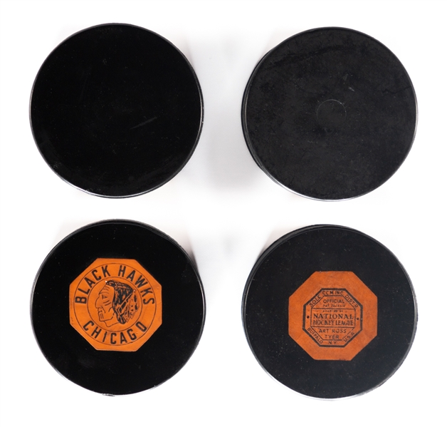 Lot Detail Art Ross Nhl Game Puck Collection Of 4 Including Rare Andover Puck 1942 50 Puck 8950