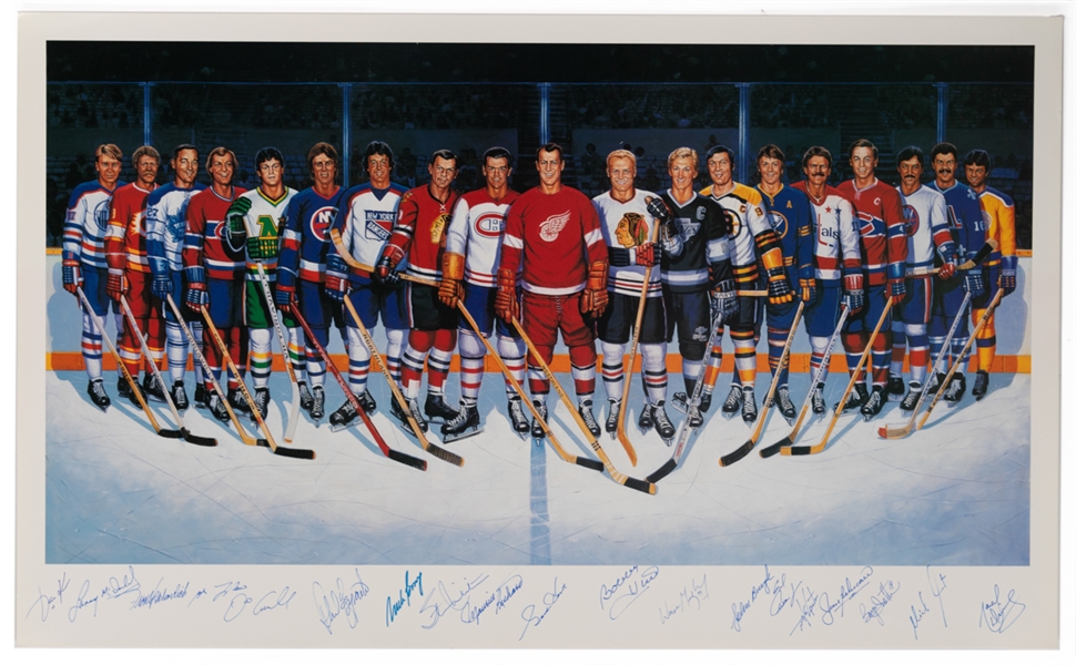 500-Goal Scorers Lithograph Autographed by 19 with Richard, Howe, Beliveau, Lafleur, Gretzky and Others from Frank Mahovlichs Personal Collection with Family LOA (23" x 37")