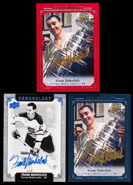 Frank Mahovlichs Signed 2018-19 Upper Deck Chronology Timeless Memories #CA-FM (2) and Chronology Franchise History #FH-TO-FM Hockey Cards from his Personal Collection with Family LOA