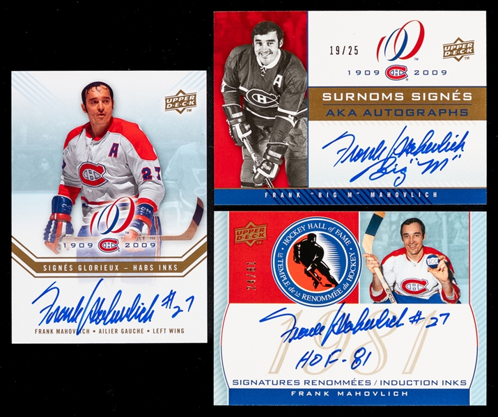 Frank Mahovlichs 2008-09 Upper Deck Montreal Canadiens Centennial "Habs INKS", "HOF Induction INKS" and "AKA Signings" Hockey Cards from Mahovlichs Collection with Family LOA - Never Released Cards!