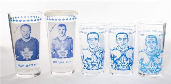 1960-61 to 1967-68 Toronto Maple Leafs Horton, Keon, Bower, Armstrong and Mahovlich York Peanut Butter Glasses from Frank Mahovlichs Personal Collection with Family LOA 