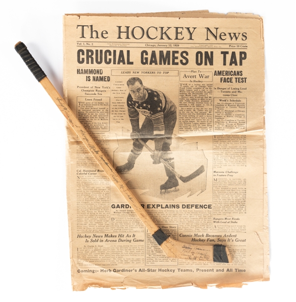 1935-36 AHA Wichita Skyhawks Inaugural Season Team-Signed Mini Stick Plus 1929 Copy of the The Hockey News 