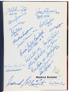 Maurice Richard Reluctant Hero Book Signed by 22 Habs Players Including Numerous HOFers, Mtl Canadiens Signed Postcards (15), Montreal Forum Mid-1950s Hockey Programs (16 in Bound Book) & More
