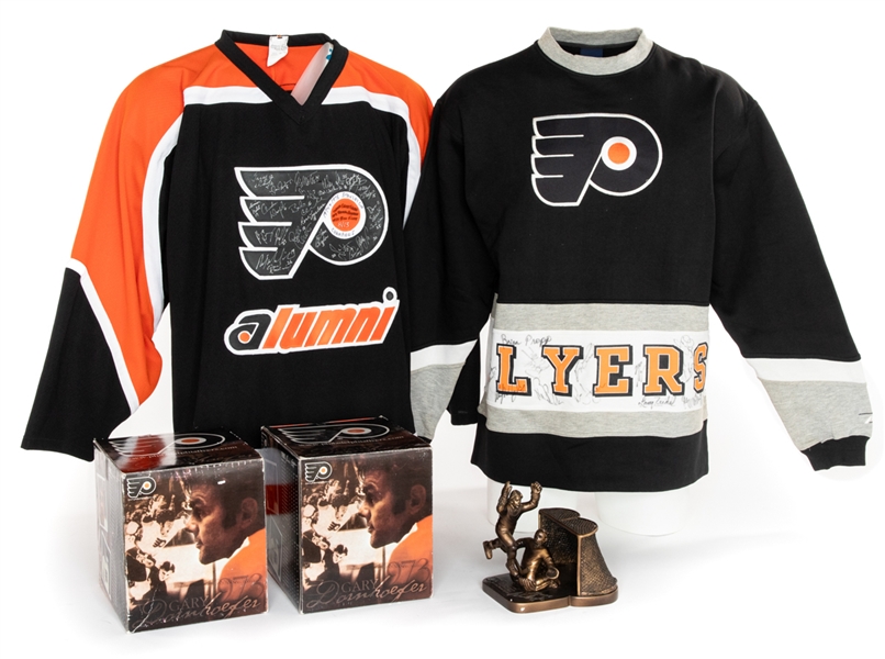 Philadelphia Flyers 1974 and 1975 Stanley Cup Champion Signed Alumni Jersey and Sweater Collection of 2 Plus Gary Dornhoefer Signed Figurines (2)