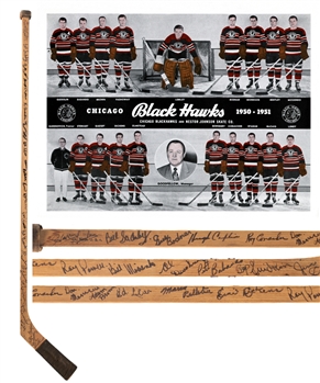 Chicago Black Hawks 1950-51 Team-Signed Game-Used Stick Attributed to Doug Bentley/Roy Conacher - Includes Signatures of Deceased HOFers (7) Inc. Bentley, Mosienko, Stewart, Conacher and Goodfellow