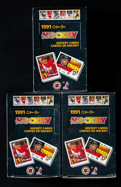 1990-91 O-Pee-Chee Premier Hockey Boxes (3 Boxes with 36 Unopened Packs per Box) - Jaromir Jagr, Sergei Fedorov and Mike Modano Rookie Cards Year
