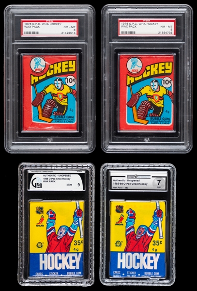 1976-77 O-Pee-Chee WHA Hockey Unopened Wax Packs (2 - Each Graded PSA 8), 1985-86 O-Pee-Chee Hockey Wax Packs (2 - Both Graded), 1977-78 OPC WHA Pack Plus 1973-74 OPC and 1975-76 OPC WHA Wrappers