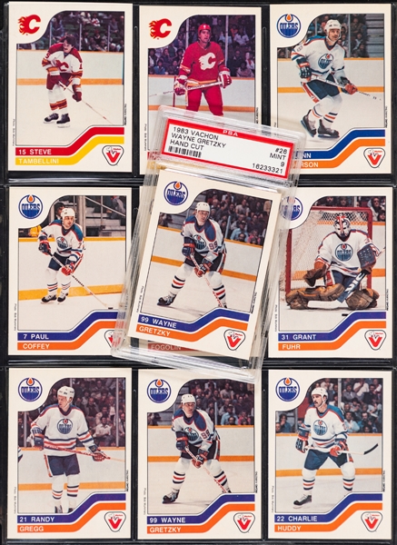 1983-84 Vachon Hockey Complete 140-Card Set, Complete Set and Extras in 2-Card Panels (82 Panels) and PSA-Graded 9 MINT #26 Wayne Gretzky Card