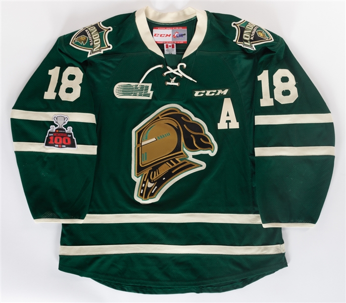 Liam Foudys 2017-18 OHL London Knights Game-Worn Alternate Captains Jersey - Memorial Cup 100th Anniversary Patch! 