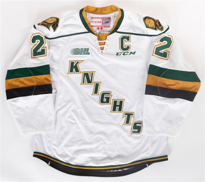 Evan Bouchards 2018-19 OHL London Knights Game-Worn Captains Jersey - Photo-Matched! 