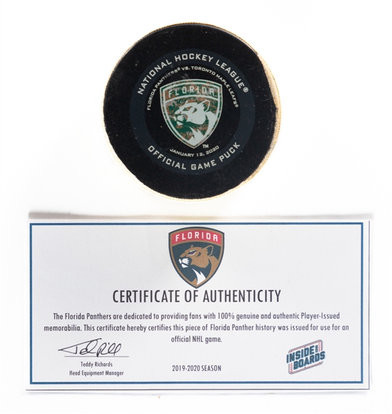 Mitch Marners Toronto Maple Leafs January 12th 2020 vs Florida Goal Puck with COA 