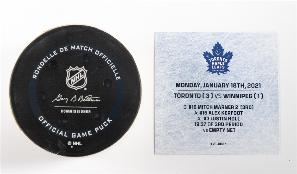 Mitch Marners Toronto Maple Leafs January 18th 2021 Goal Puck with COA (Player Tracking Technology Game Puck) - 3rd Goal of the Season, Career Goal #86