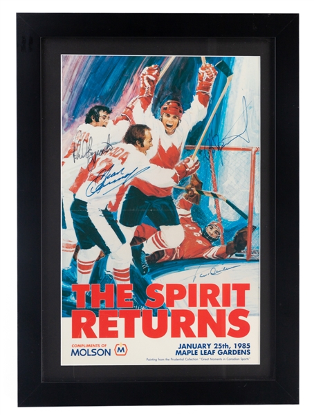 1985 "The Spirit Returns" 1972 Team Canada Framed Program Signed by 4 Including Henderson, Cournoyer, P. Esposito and Tretiak (15 1/4" x 21 1/4")