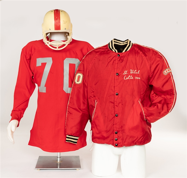 1966 St Vital Colts (Winnipeg) Football Team Jacket, Cooper Weeks Helmet and National Jersey 
