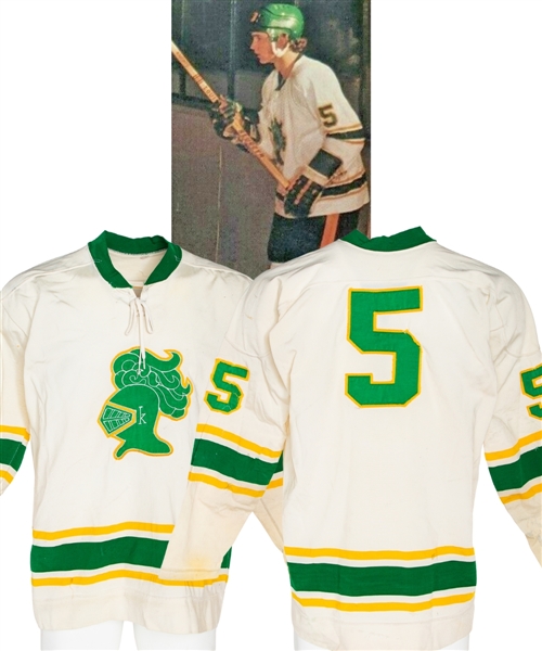 Circa Mid-to-Late-1970s OMJHL London Knights #5 Game-Worn Jersey Attributed to Rob Ramage - Team Repairs!