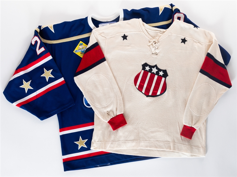 Rochester Americans 1960s-Style Film-Worn Jersey from "Keep Your Head Up, Kid: The Don Cherry Story" Plus Mika Noronens 2005-06 AHL Rochester Americans 50th Anniversary Game-Used Jersey