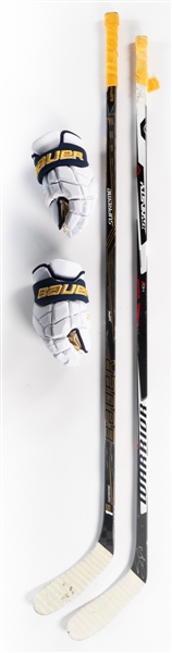 Jack Eichel Mid-2010s Buffalo Sabres Game and Practice-Used Signed/Unsigned Stick Collection of 2 Plus 2019-20 Buffalo Sabres Bauer Supreme 2S Game-Issued 50th Anniversary Style Gloves