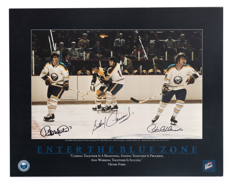 Buffalo Sabres French Connection Gilbert Perreault, Rick Martin and Rene Robert Signed Labatt Blue Advertising Display on Board (16" x 20")