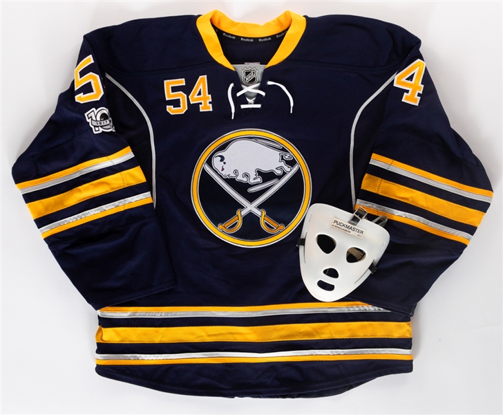 Bryson Martins 2015-16 Buffalo Sabres Game-Issued Jersey - NHL Centennial Patch! Plus Vintage Stall & Dean Puck Master Mask