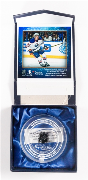 Connor McDavid Edmonton Oilers October 8th 2015 NHL Debut Crystal Hockey Puck with Game-Used Ice in Fanatics Authentic Box