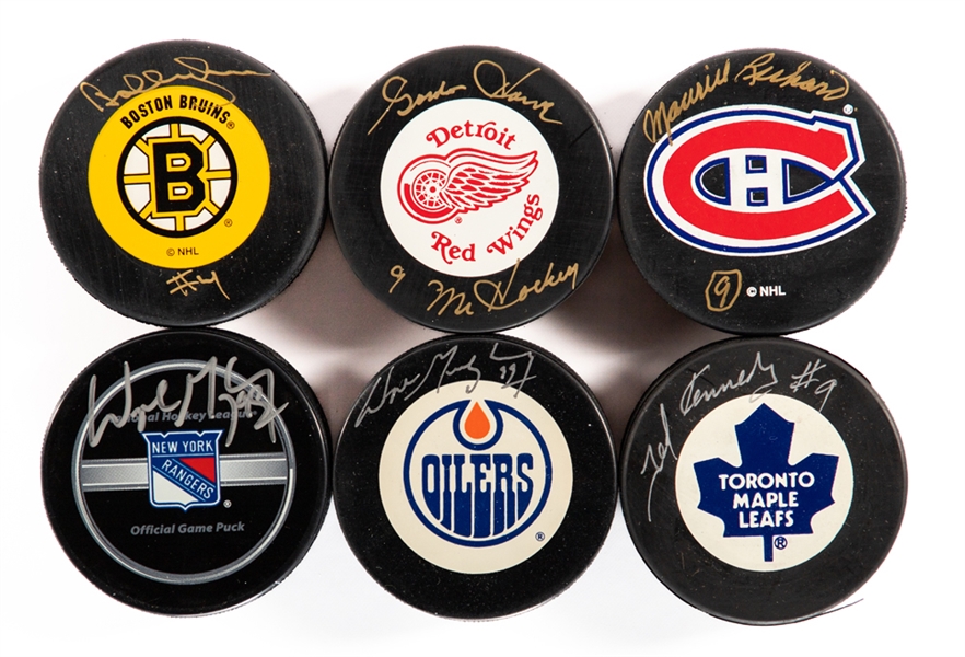 Hockey Hall of Famers and Stars Signed Puck Collection of 55 Including Gretzky, M. Richard, Howe, Hull, Orr, T. and P. Esposito, Lafleur, Dionne and More - Many with Holograms or COA/LOAs!