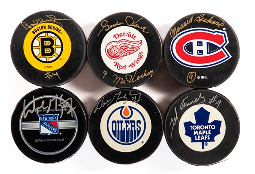 Hockey Hall of Famers and Stars Signed Puck Collection of 55 Including Gretzky, M. Richard, Howe, Hull, Orr, T. and P. Esposito, Lafleur, Dionne and More - Many with Holograms or COA/LOAs!