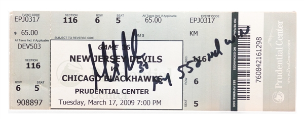 Martin Brodeur March 17th 2009 NJ Devils vs Chicago Blackhawks Signed 552nd Win Ticket with Annotation (JSA Auction LOA) - NHL Record for Career Victories!