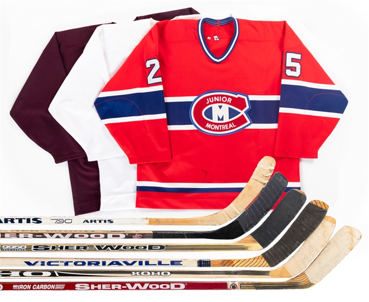 Montreal Canadiens Game-Used Stick Collection of 6 Including Lemieux, Brisebois, Rucinsky, Brunet, Walter and Weinrich Plus Mid-1990s/Early-2000s Practice-Worn Jerseys and More