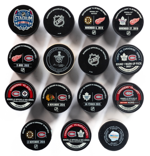 NHL 2010s Warm-Up Used/Prepared Pucks (13) Plus 2017 Montreal Playoffs Goal Puck and 2016 World Cup of Hockey Preliminary Round Game-Used Puck