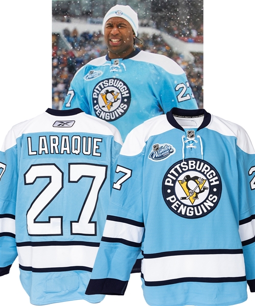 Georges Laraques 2008 NHL Winter Classic Pittsburgh Penguins Warm-Up Worn Jersey with NHLPA COA - Photo-Matched!