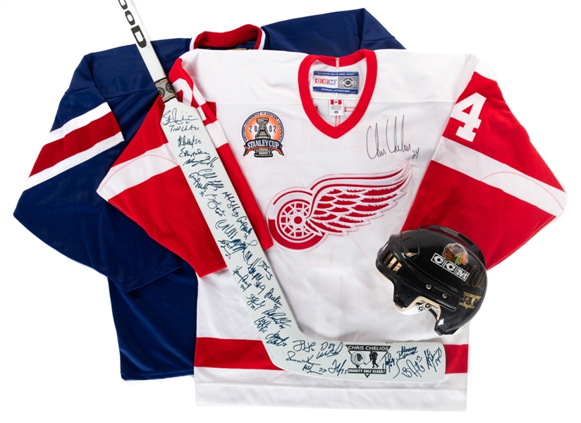 Chris Chelios Signed Team USA Retro and 2002 Detroit Red Wings Jerseys, Chelios Signed Black Hawks Model Helmet and Chelios Charity Golf Classic Multi-Signed Goalie Stick