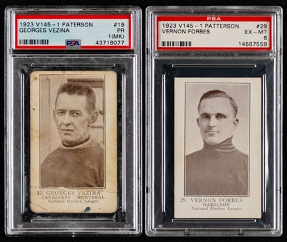1923-24 William Paterson V145-1 Hockey Cards (5) with PSA-Graded Examples Including #19 HOFer Georges Vezina (PSA 1 MK) - All Goalies