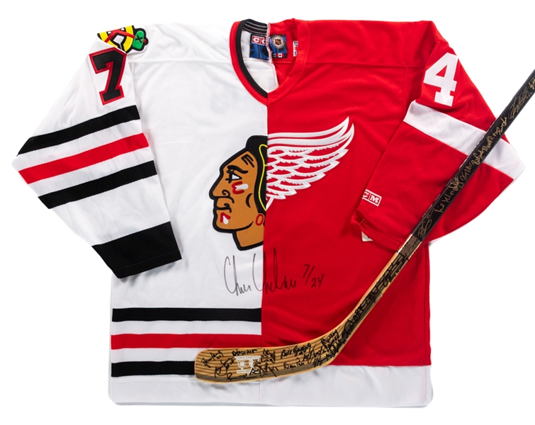 Chris Chelios Signed Limited-Edition Chicago Black Hawks/Detroit Red Wings Jersey (7/24) and Early-2000s Chelios Charity Golf Classic Multi-Signed Stick