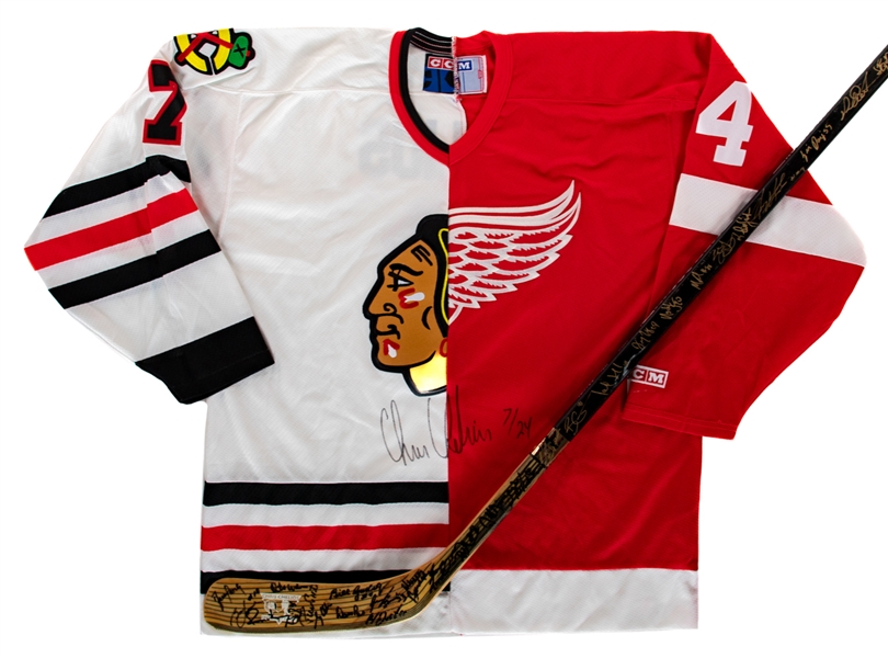 Chris Chelios Signed Limited-Edition Chicago Black Hawks/Detroit Red Wings Jersey (7/24) and Early-2000s Chelios Charity Golf Classic Multi-Signed Stick