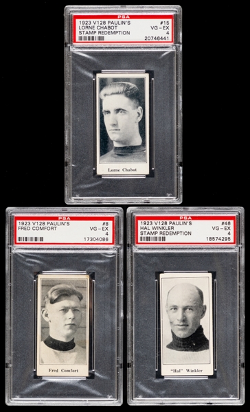 1923-24 Paulins Candy V128 Hockey Cards (8) with PSA-Graded Examples (5) Including #15 Lorne Chabot Rookie (VG-EX 4), #8 Fred Comfort (VG-EX 4) and  #46 Hal Winkler (VG-EX 4)