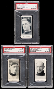 1923-24 Paulins Candy V128 Hockey Cards (8) with PSA-Graded Examples (5) Including #15 Lorne Chabot Rookie (VG-EX 4), #8 Fred Comfort (VG-EX 4) and  #46 Hal Winkler (VG-EX 4)