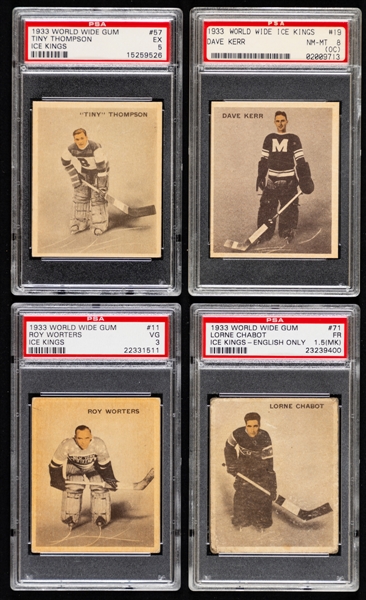 1933-34 WWG Ice Kings V357 Hockey Cards (9) with Graded Ones (7) Inc. #11 HOFer Worters Rookie (2 - PSA 3 & KSA 2), #57 HOFer Thompson (2 Inc. PSA 5) and #19 Kerr (2 - PSA 8 OC & PSA 5) - All Goalies
