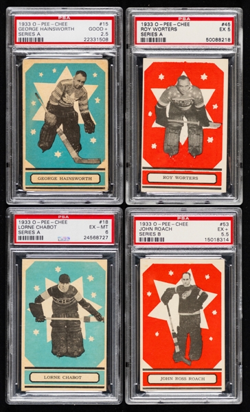 1933-34 O-Pee-Chee V304 "A" and B Hockey Cards (7) with Graded Examples (6) Inc. #15 HOFer Hainsworth Rookie (PSA 2.5), #45 HOFer Worters Rookie (PSA 5) and #18 Chabot Rookie (PSA 6) - All Goalies