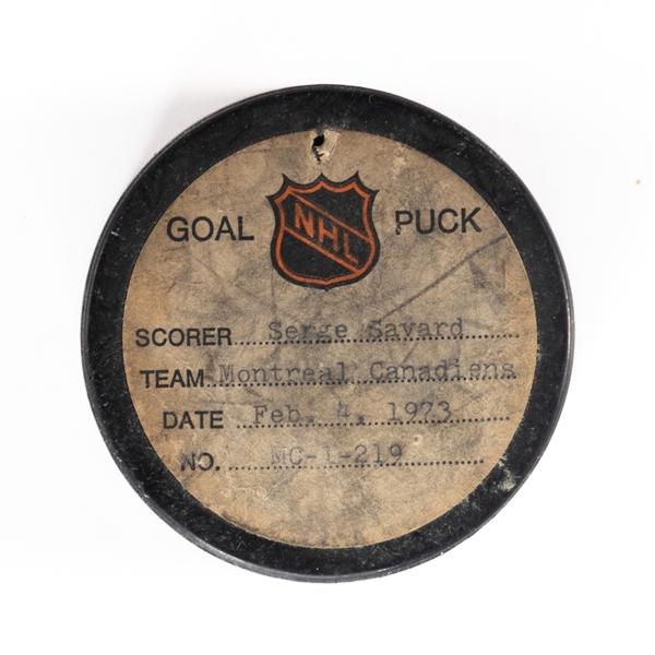Serge Savards Montreal Canadiens February 4th 1973 Goal Puck from the NHL Goal Puck Program - Season Goal #5 of 7 / Career Goal #33 of 106