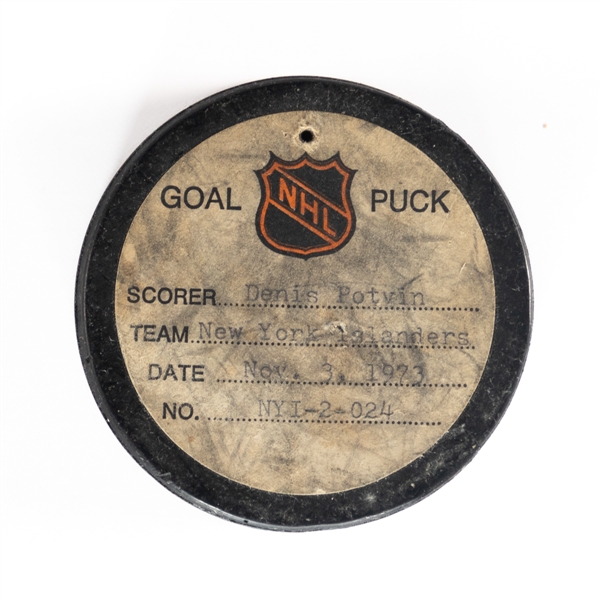 Denis Potvins New York Islanders November 3rd 1973 Rookie Season Goal Puck from the NHL Goal Puck Program - Season Goal #3 of 17 / Career Goal #3 of 310