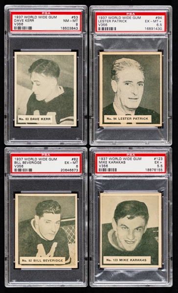 1937-38 World Wide Gum V356 PSA-Graded Hockey Cards (9) Inc. #53 Dave Kerr (NM-MT 8 Highest Graded), #94 HOFer Lester Patrick (EX-MT+ 6.5) and #82 Bill Beveridge (EX-MT 6 Highest Graded) - All Goalies