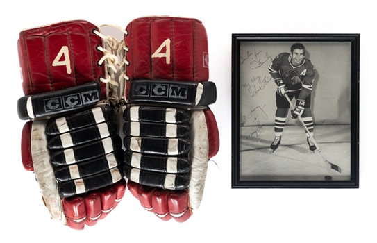 Doug Jarretts Mid-1970s Chicago Black Hawks Game-Worn Gloves and Signed 8" x 10" Photo
