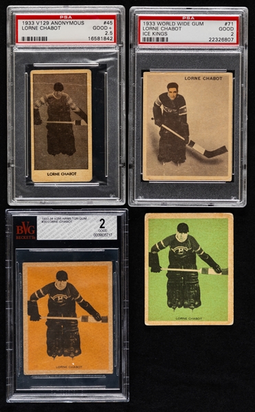 Lorne Chabot 1933-34 Anonymous, Ice Kings and Hamilton Gum Hockey Rookie Cards (4) with Graded Ones (3) Including V129 Anonymous #45 (PSA 2.5) and WWG Ice Kings #71 (PSA 2)
