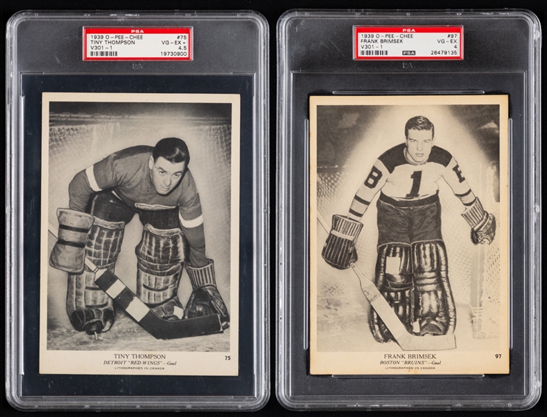 1939-40 and 1940-41 O-Pee-Chee Goalies Hockey Cards (12) Inc. #75 HOFer Tiny Thompson (PSA 4.5) and #97 HOFer Frank Brimsek Rookie (PSA 4) Plus 1948-49 Bill Durnan Exhibit Cards (2)