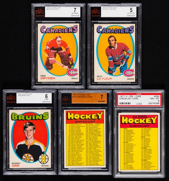 1971-72 O-Pee-Chee Hockey Complete 264-Card Set with Graded Cards (5) Inc. #45 HOFer K. Dryden Rookie (BVG 7), #148 HOFer Guy Lafleur Rookie (BVG 5), #111 Checklist (BVG 7) and #264 Checklist (PSA 8)