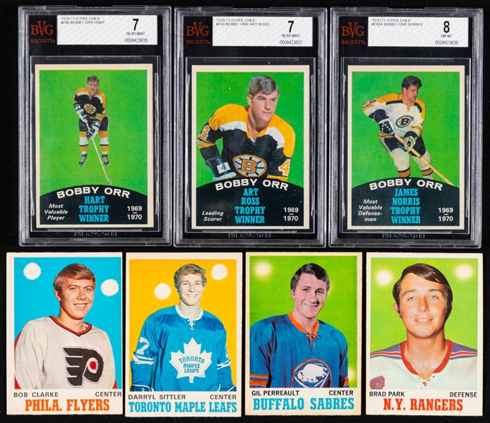 1970-71 O-Pee-Chee Hockey Complete 264-Card Set with Graded Cards (4) Inc. Cards of HOFer Bobby Orr #246 (BVG 7),  #248A (BVG 8) and #249 (BVG 7)