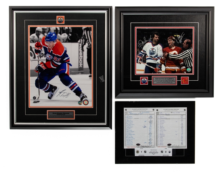 Edmonton Oilers Dave Semenko (and Tim Hunter) Signed "Battle of Alberta" and Ryan Nugent-Hopkins Signed Framed Photos Plus 2008 Oilers vs Boston Bruins Line-Up Cards with NHL COA