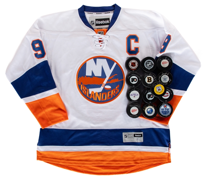 Hockey Hall of Famers and Stars Signed Puck Collection of 13 Including Lindsay, Dionne, Vachon, Kennedy, Coffey and More Plus Clark Gillies Signed Islanders Replica Captains Jersey - Most With COAs!