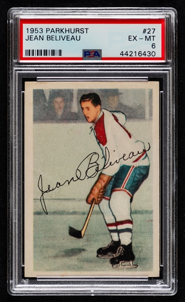 1953-54 Parkhurst Hockey Card #27 HOFer Jean Beliveau Rookie - Graded PSA 6